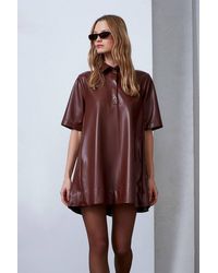 Dilvin - Loose Fit Faux Leather Mini Shirt Dress - Lyst