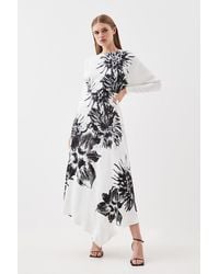 Karen Millen - Petite Satin Crepe Floral Long Sleeve Woven Midi Dress - Lyst