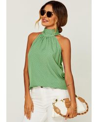 FS Collection - White Polka Dot Print Halter Neck Tie Back Top In Green - Lyst