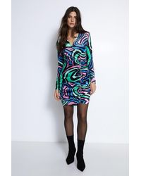 Warehouse - Swirl Print Velvet Ruched Mini Dress - Lyst