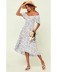 FS Collection - Bardot Angel Sleeve Elasticated Detail Midi Dress In White & Blue Floral Print - Lyst