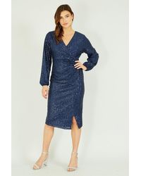 Yumi' - Navy Sequin Ruched Wrap Long Sleeve Dress - Lyst