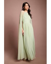 Coast - Pleated Mesh Cape Maxi Dress With Gemstone - Lyst