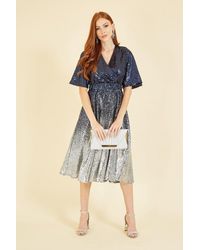 Yumi' - Navy And Silver Ombre Sequin Midi Wrap Dress - Lyst