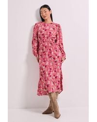 Dorothy Perkins - Petite Shirred Dropped Waist Detail Printed Midi Dress - Lyst