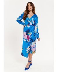 Liquorish - Floral Satin Wrap Midi Dress - Lyst