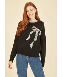 Yumi' - Black Sequin Bow Knitted Relaxed Jumper - Lyst