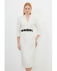Karen Millen - Tailored Structured Crepe High Neck Belted Pencil Dress - Lyst