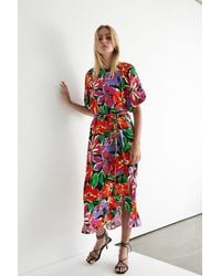 Warehouse - Floral Volume Sleeve Belted Satin Midi Dress - Lyst