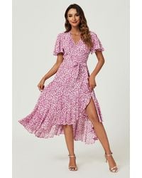 FS Collection - Floral Wrap Front Flutter Sleeve Midi Dress - Lyst