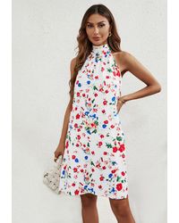 FS Collection - Multicolour Floral Print Halter Neck Tie Back Mini Dress In White - Lyst
