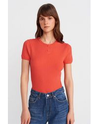 Dilvin - Ribbed Short-Sleeve Button Blouse - Lyst