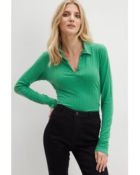 Dorothy Perkins - Tall Green Ribbed Long Sleeve Collared Top - Lyst
