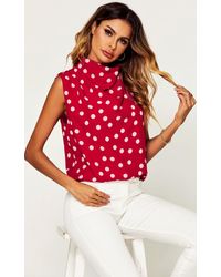 FS Collection - Polka Dot High Neck Sleeveless Blouse In Red - Lyst