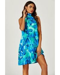 FS Collection - Abstract Floral Print Halter Neck Tie Back Mini Dress - Lyst