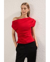 WOVCOR - Draped Bardot Neck Ruched Detail Sleeveless Top - Lyst