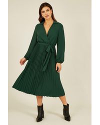 Mela - Green Long Sleeve Wrap Pleated Midi Dress - Lyst