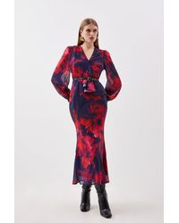 Karen Millen - Floral Printed Georgette Belted Woven Maxi Dress - Lyst