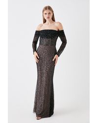 Coast - Draped Bardot Sequin Long Sleeve Maxi Dress - Lyst