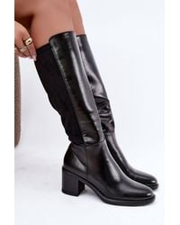 Love Lace - Block Heel Warm Lined Faux Leather Knee High Boots - Lyst