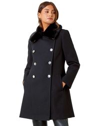 Roman - Double Breasted Faux Fur Collar Coat - Lyst