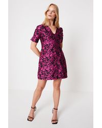 Oasis - Pink Floral Jacquard Puff Sleeve Mini Dress - Lyst