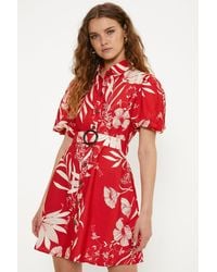 Oasis - Linen Look Floral Print Puff Sleeve Shirt Dress - Lyst