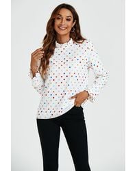 FS Collection - Polka Dot Print Frill Detail High Neck Top In White - Lyst