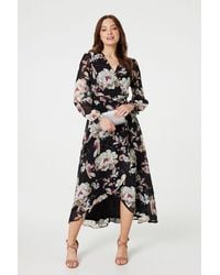 Izabel London - Floral Long Sleeve Tie Waist Wrap Midi Dress - Lyst