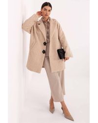 Love Lace - Elegant Textured Knee Length Coat With Brooch - Lyst