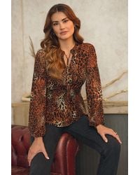 Izabel London - Animal Print Long Sleeve Tie Neck Blouse - Lyst