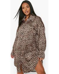 Boohoo - Plus Leopard Satin Oversized Shirt Dress - Lyst