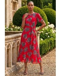 Roman - Floral Print Pleat Neck Midi Dress - Lyst