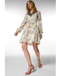Karen Millen - Floral Lace Trim Dress With Shirred Waist - Lyst
