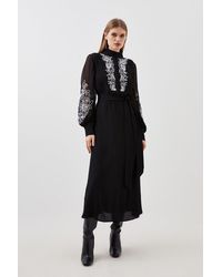 Karen Millen - Petite Embroidery Bib Detail Woven Maxi Dress - Lyst