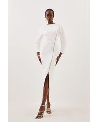 Karen Millen - Tailored Compact Stretch Round Sleeve Ruched Midi Dress - Lyst