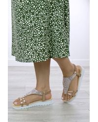 AJVANI - Flat Heel Flatform Diamante T-Bar Slingback Comfort Sandals - Lyst
