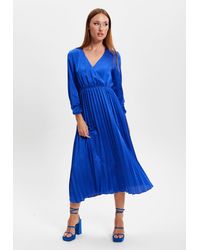 Liquorish - Royal Blue Midi Dress With Pleat Details - Lyst