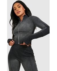 Boohoo - Washed Ribbed Funnel Neck Long Sleeve Zip Through Jacket - Lyst