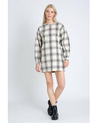 Native Youth - Cotton Checked Long Balloon Sleeve Crew Neck Mini Dress - Lyst