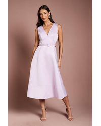 Coast - V Neck Structured Satin Belted Midi Dress - Lyst