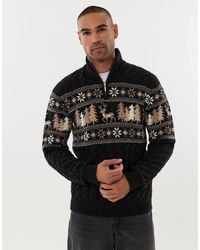 Threadbare - Reindeer Forest Fairisle Quarter Zip Christmas Jumper - Lyst