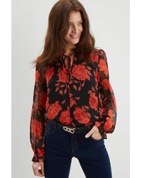 Dorothy Perkins - Tall Red Floral Ruffle Tie Neck Top - Lyst