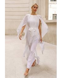 CY - Elegant Pleated Cape Sleeve Maxi Dress With Tie Waist - Lyst
