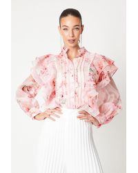 Coast - Printed Pintuck Ruffle Blouse With Volume Sleeve - Lyst