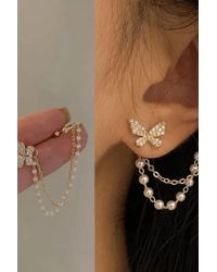 The Colourful Aura - Long Butterfly Tassel Pearl Ear Cuffs Chain - Lyst