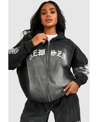 Boohoo - New Szn Cross Printed Washed Oversized Zip Through Hoodie - Lyst
