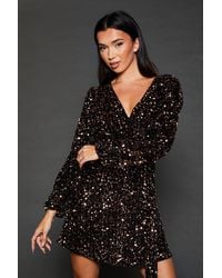 Dorothy Perkins - Wrap Velvet Sequin Long Sleeve Mini Dress - Lyst