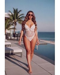 Femme Luxe - Stripped Lace Cup Detail Strappy Plunge Bodysuit - Lyst