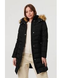 Izabel London - Hooded Faux Fur Trim Longline Jacket - Lyst